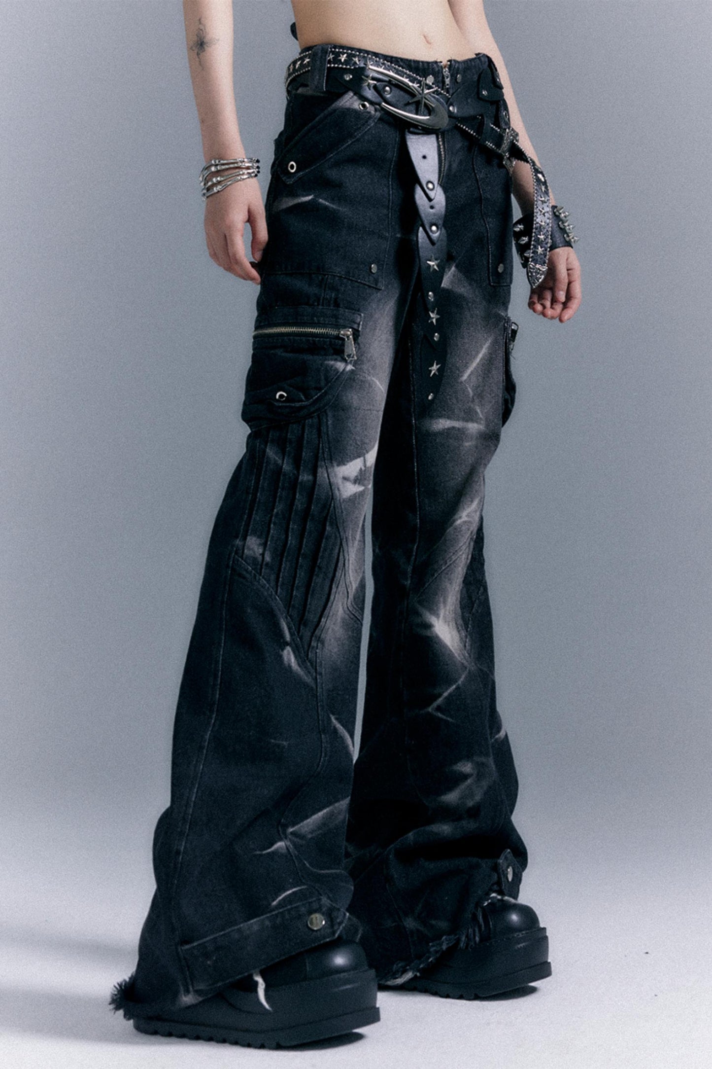 Vintage Studded Denim Flared Pants