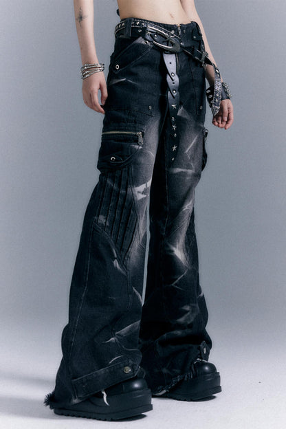 Vintage Studded Denim Flared Pants