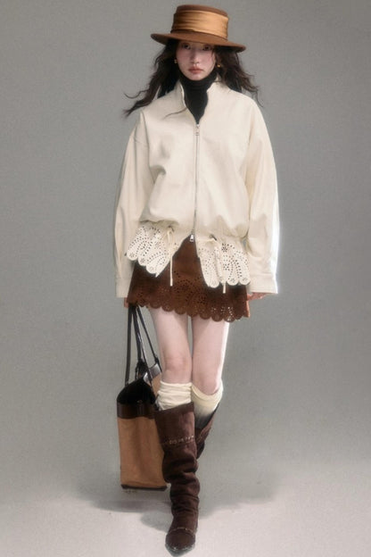 Hollow-Out Floral Leather Jacket