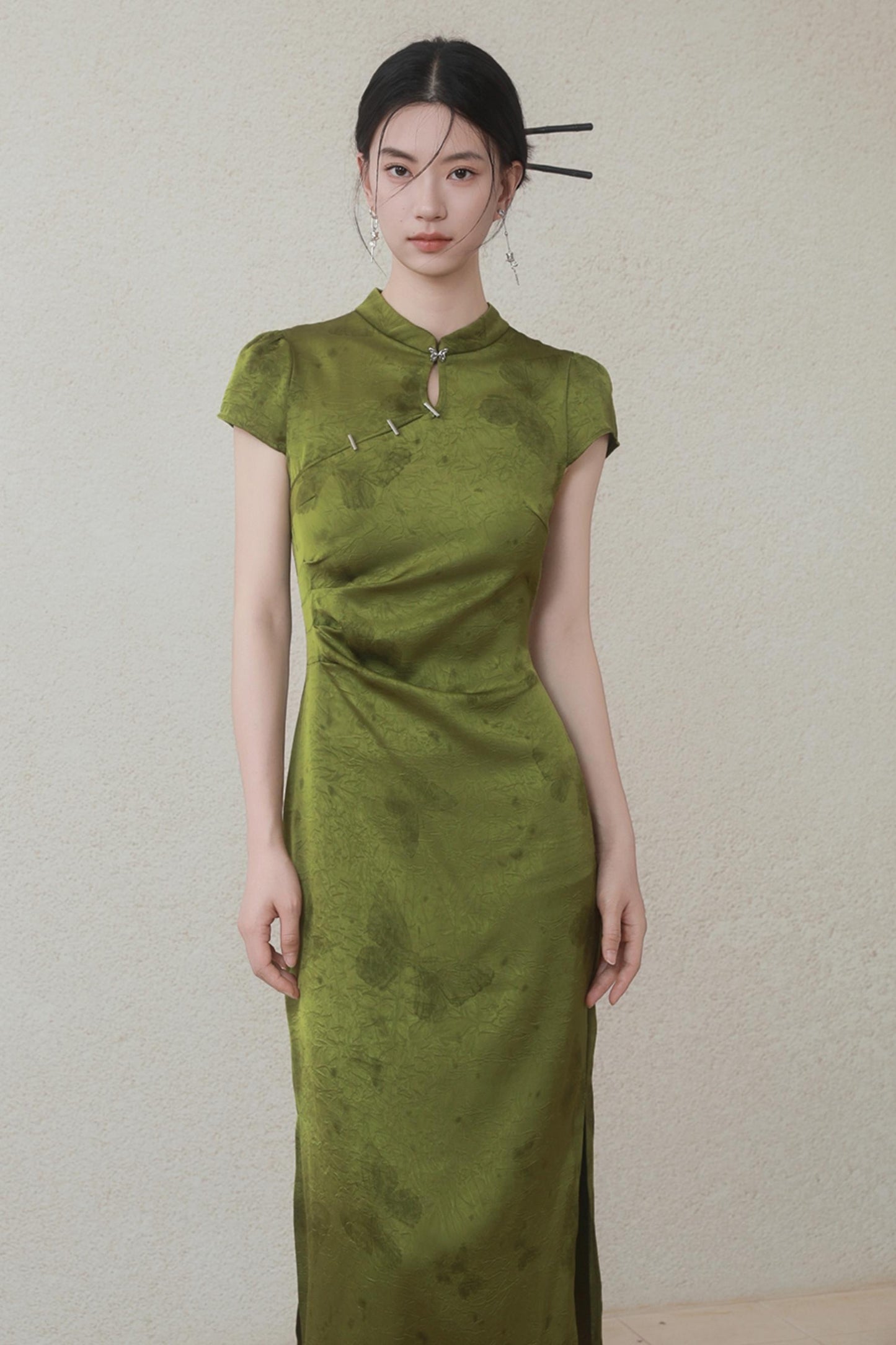 Summer Green Satin Cheongsam Dress