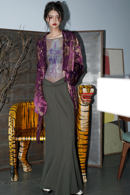 Chinese Print Stitched Long Dress