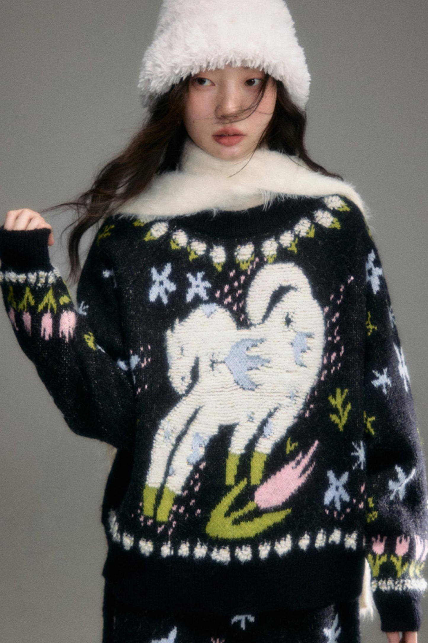 Animal Jacquard Wool Top & Skirt Set-Up