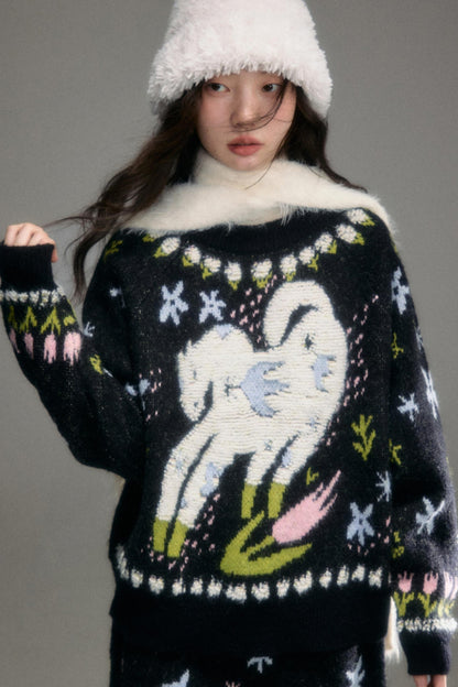 Animal Jacquard Wool Top & Skirt Set-Up