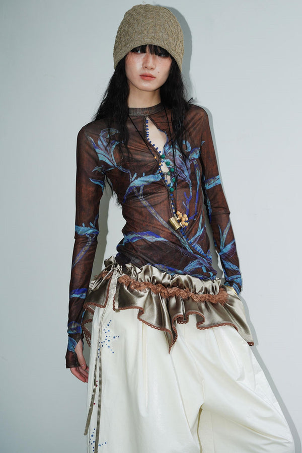 Chinese Mesh Cutout Long-Sleeved Top