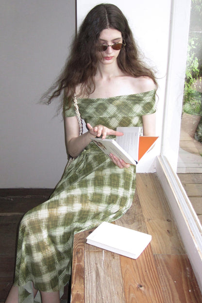 Mesh Check One-Shoulder Dress