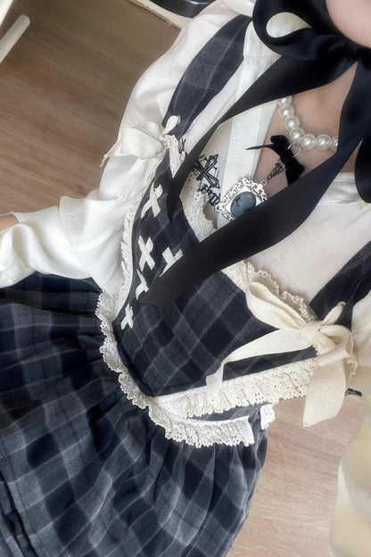 Gray Plaid Waist Cinched Herringbone Lace Bow Tie Dress Set-Up