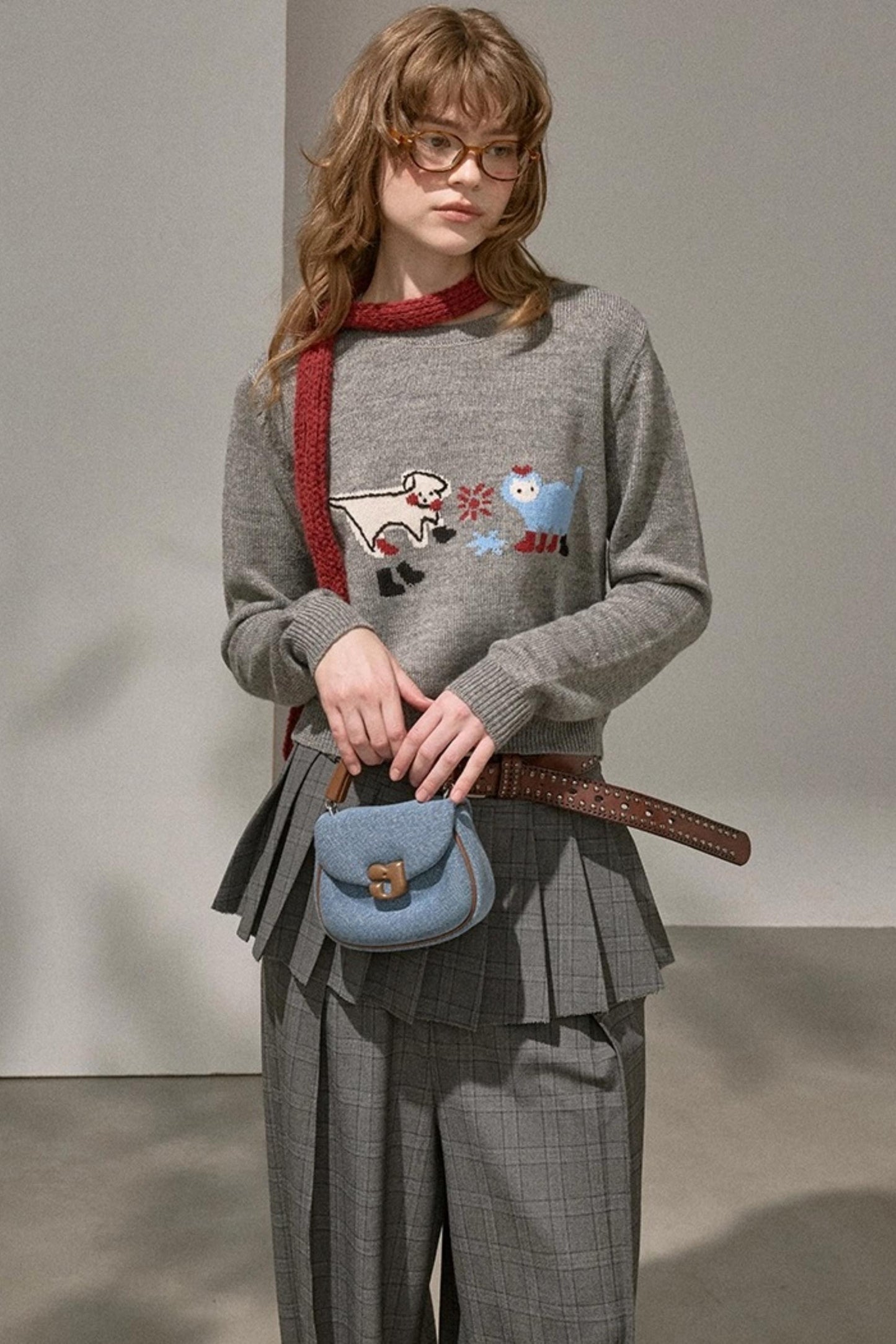 Kitten And Puppy Embroidered Wool Blend Knit Sweater