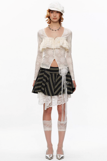Beige, transparent Strickjacke mit Spitze