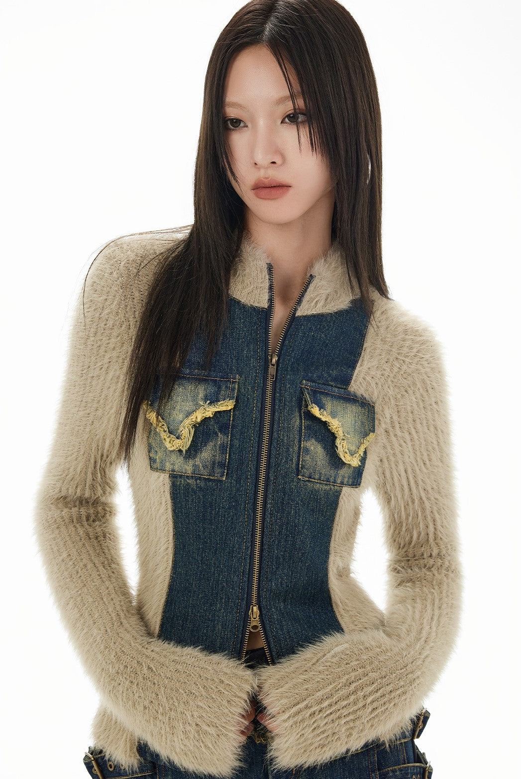 Stand collar denim patch knit jacket