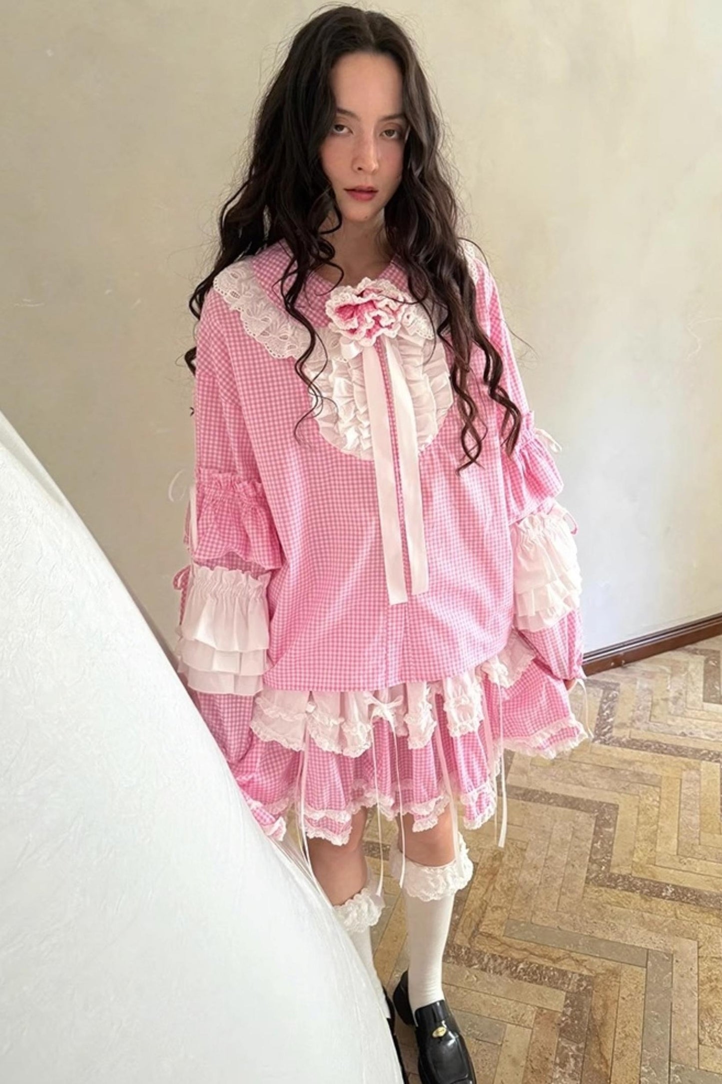 Pink-White Plaid Lace Shirt