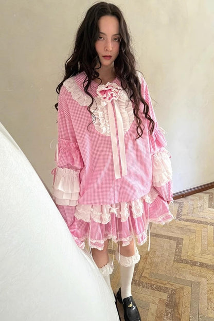 Pink-White Plaid Lace Shirt