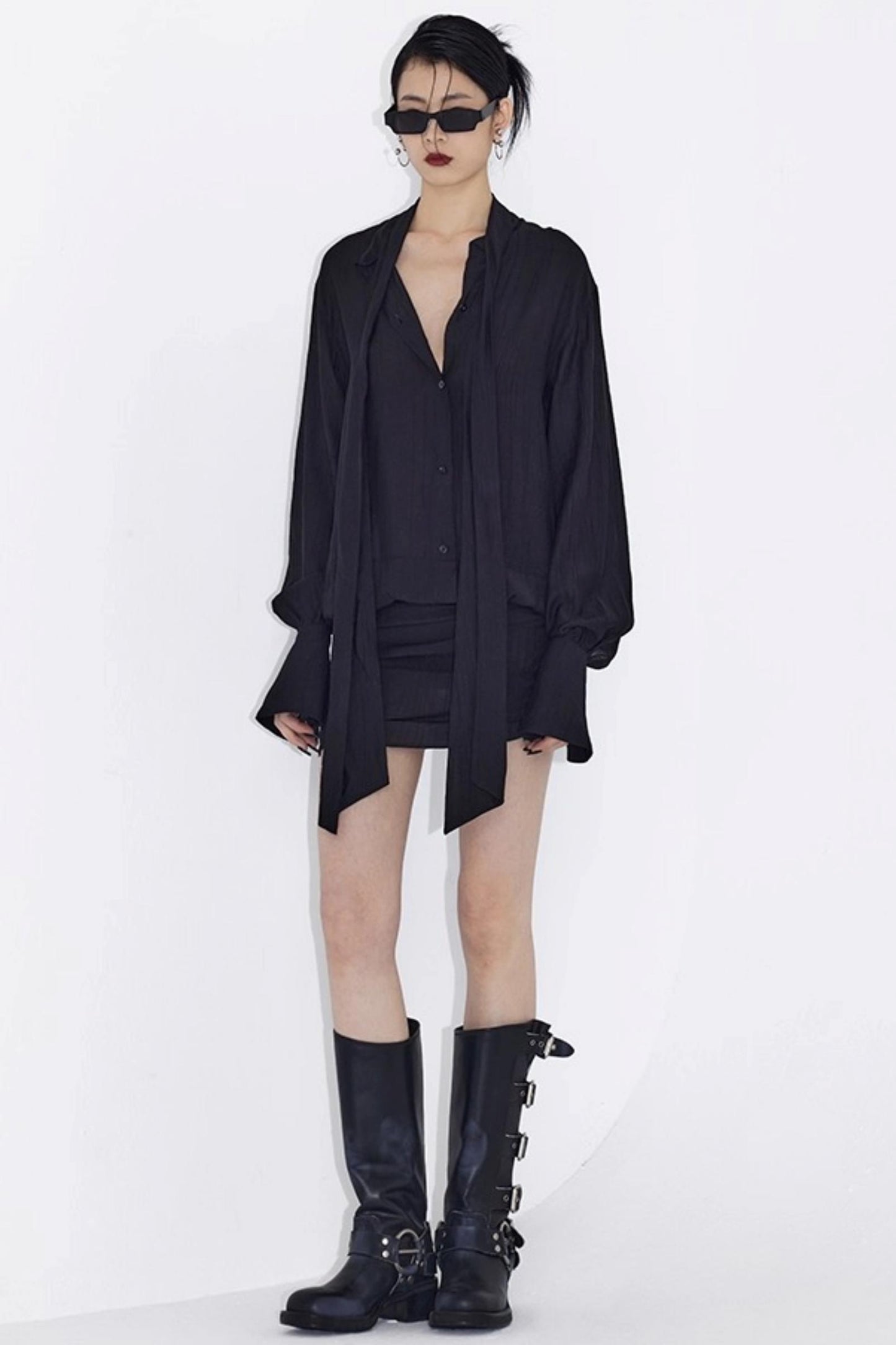 Streamer Black Drape Shirt Dress