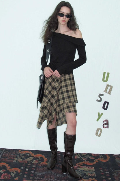 Slanted Shoulder Knit Top Skirt Set-Up