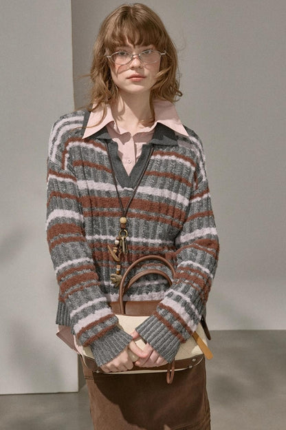 Cable Striped Pullover Sweater