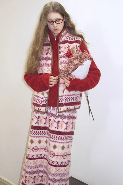 Berry Peach Retro Fleece Vest Jacket Skirt Set-Up