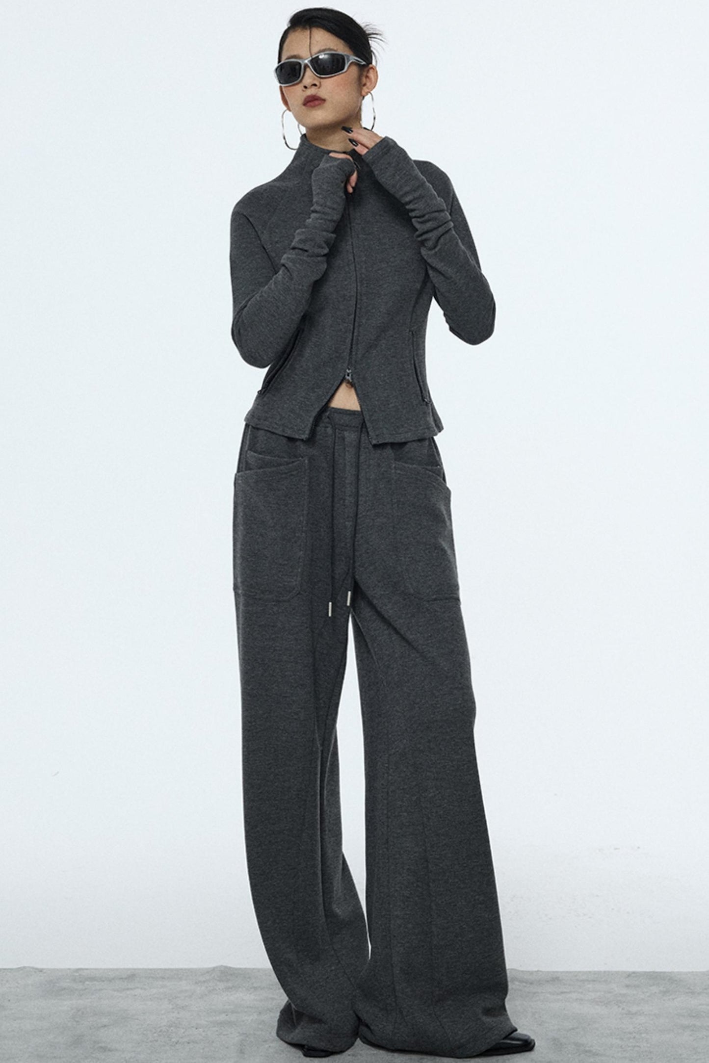Gray Zipper Slim-Fit Top & Pants Set-Up