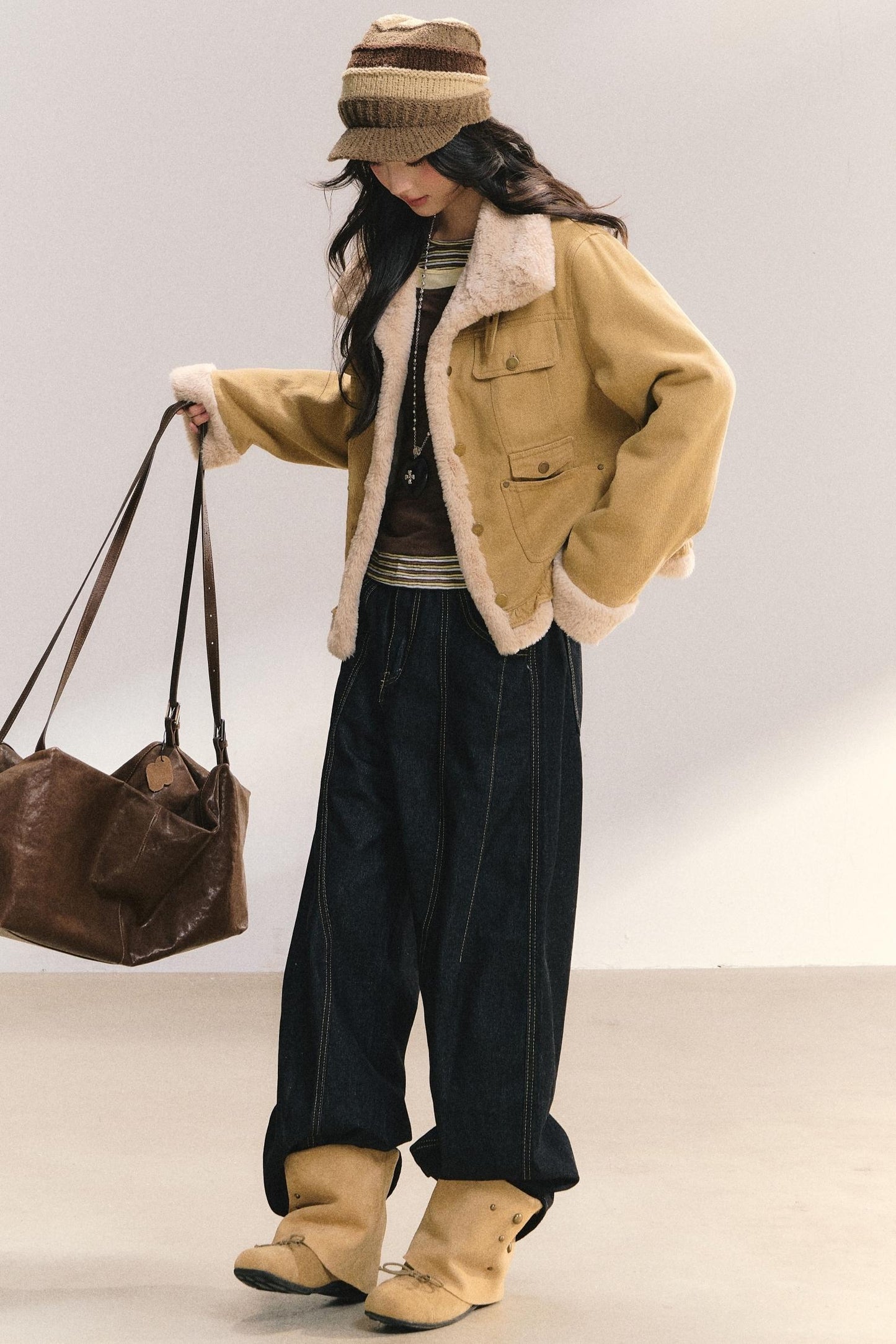 Denim Lace Trim Fur Coat