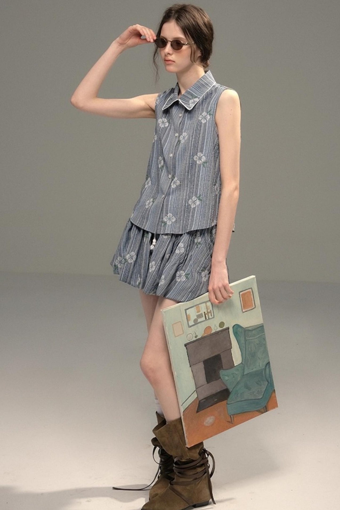 Flower Stitch Vest Skirt Set-Up