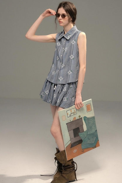 Flower Stitch Vest Skirt Set-Up