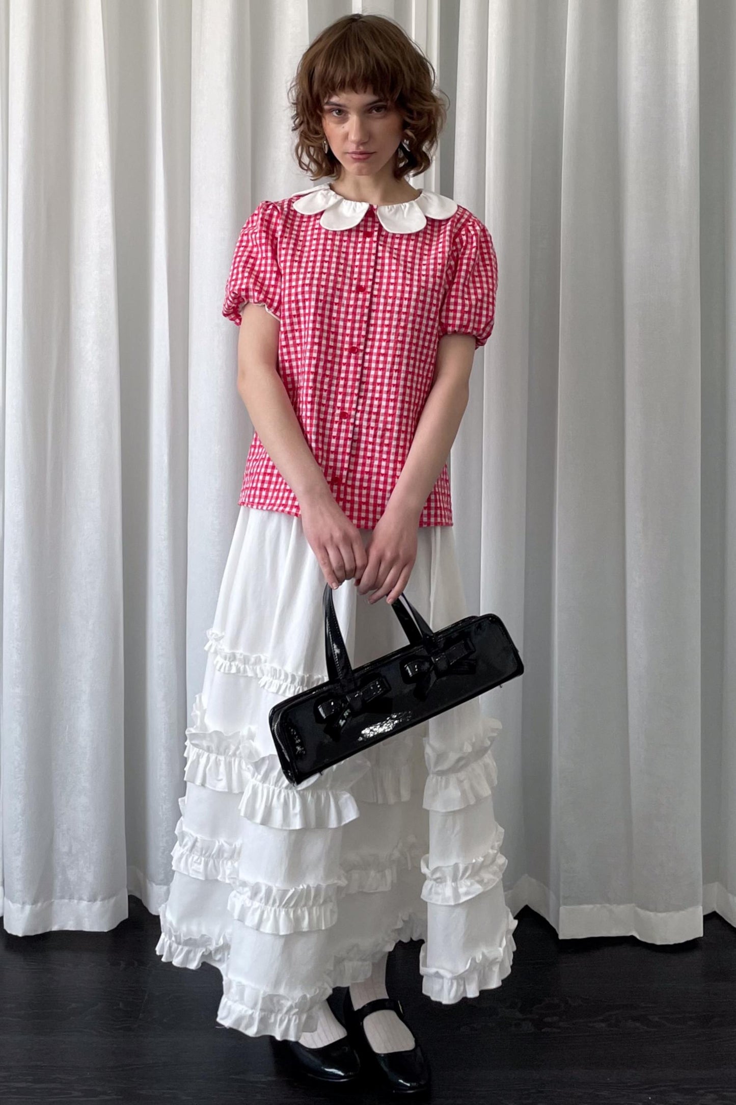 Red Plaid Lantern Sleeve Shirt