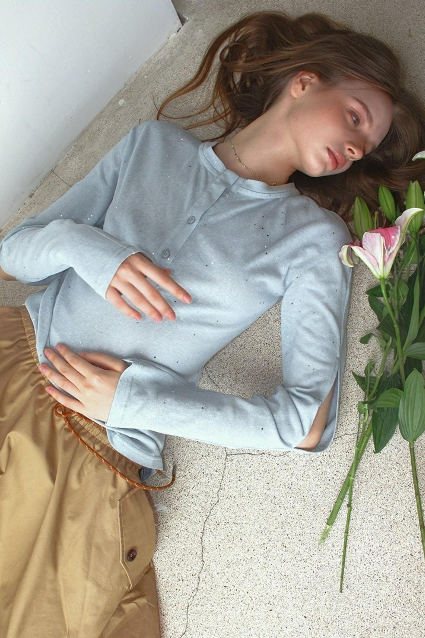 Henry Collar Design Loose Sequin T-shirt