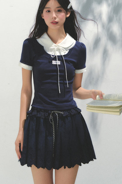 Navy Pleated Embroidered Skirt