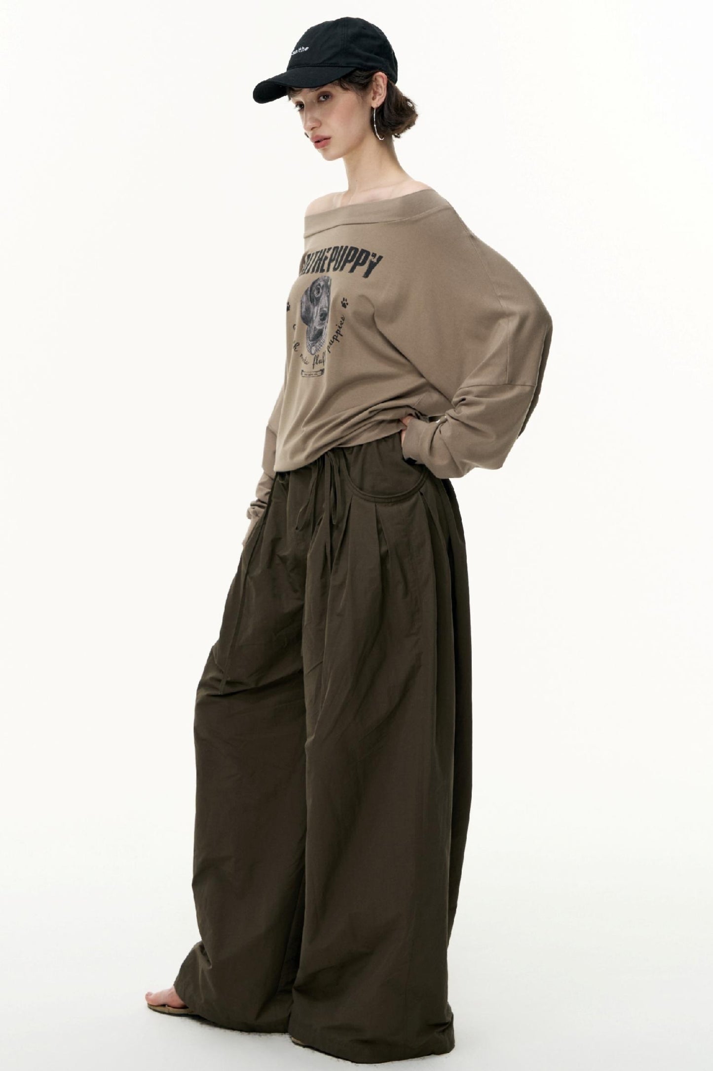 Puppy Print Slanted Shoulder T-Shirt