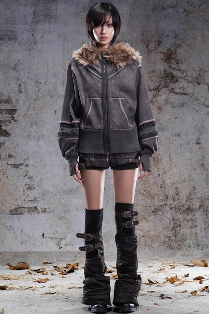 Vintage Lantern Sleeve Hooded Sweatshirt Jacket