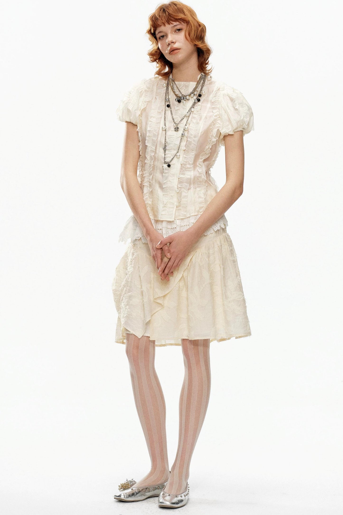 Beige Jacquard Puff Sleeve Blouse