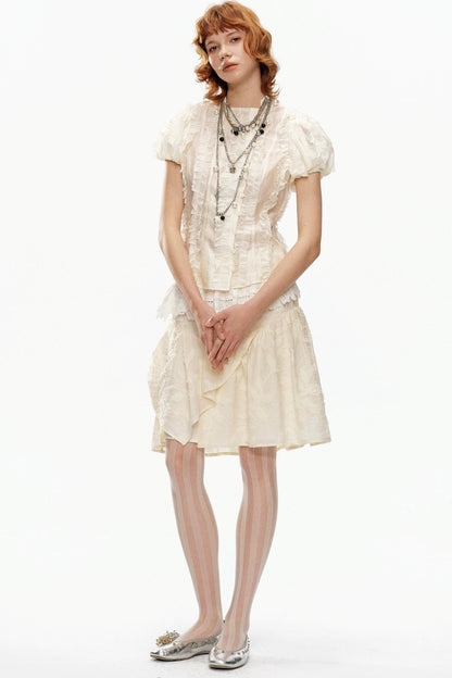 Beige Jacquard Puff Sleeve Blouse