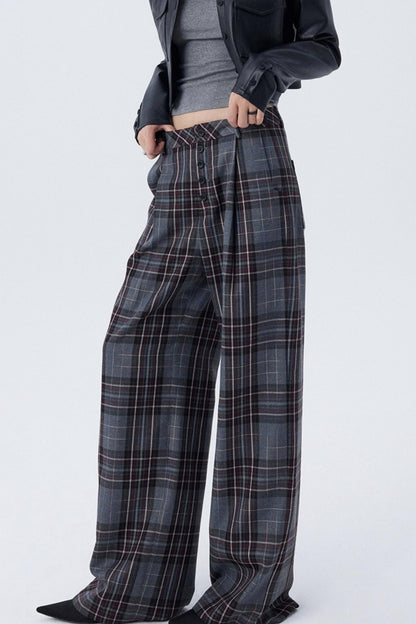 Check Pleated Wide-Leg Trousers