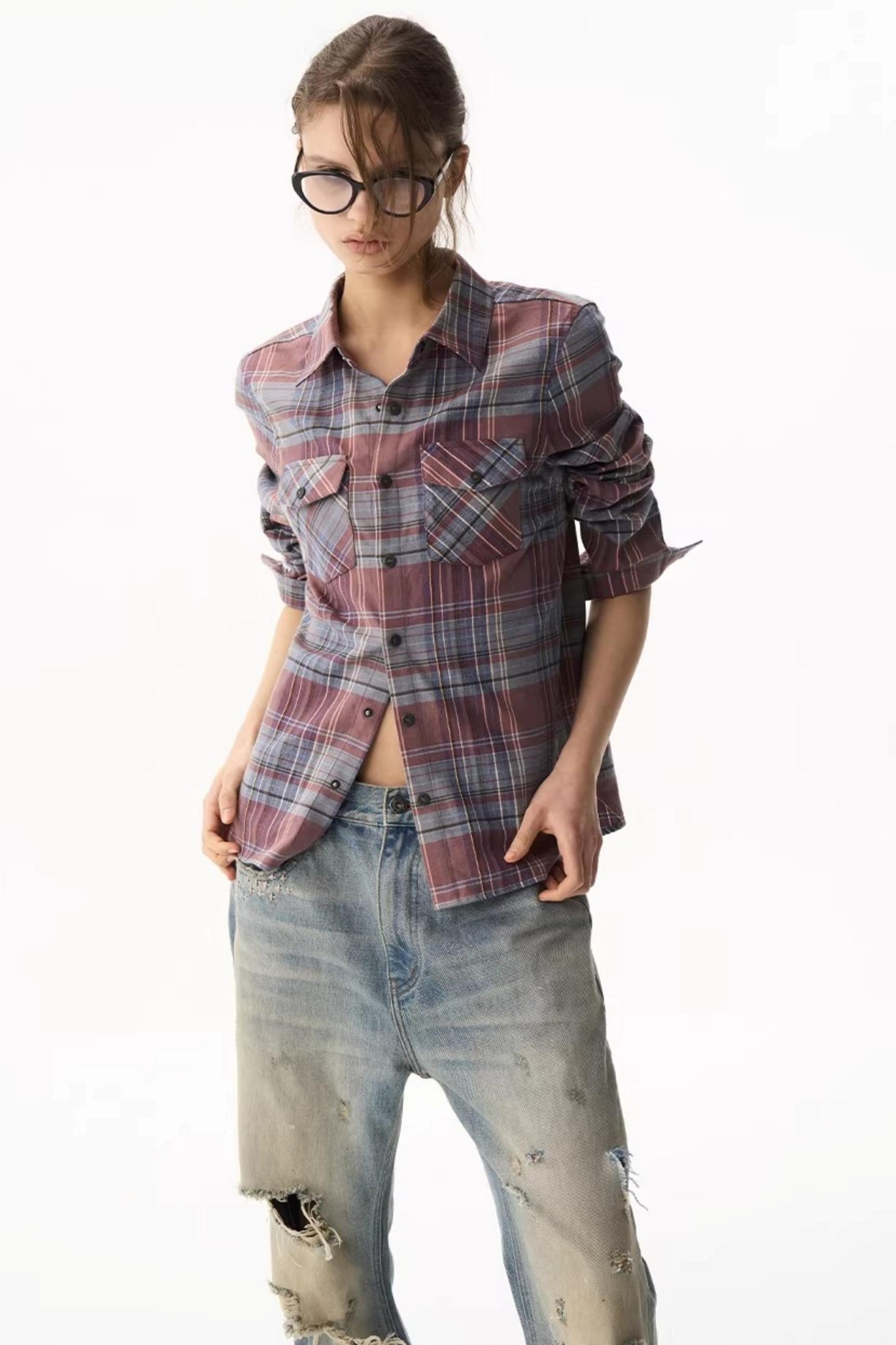 Exitmode Short Plaid Embroidered Shirt