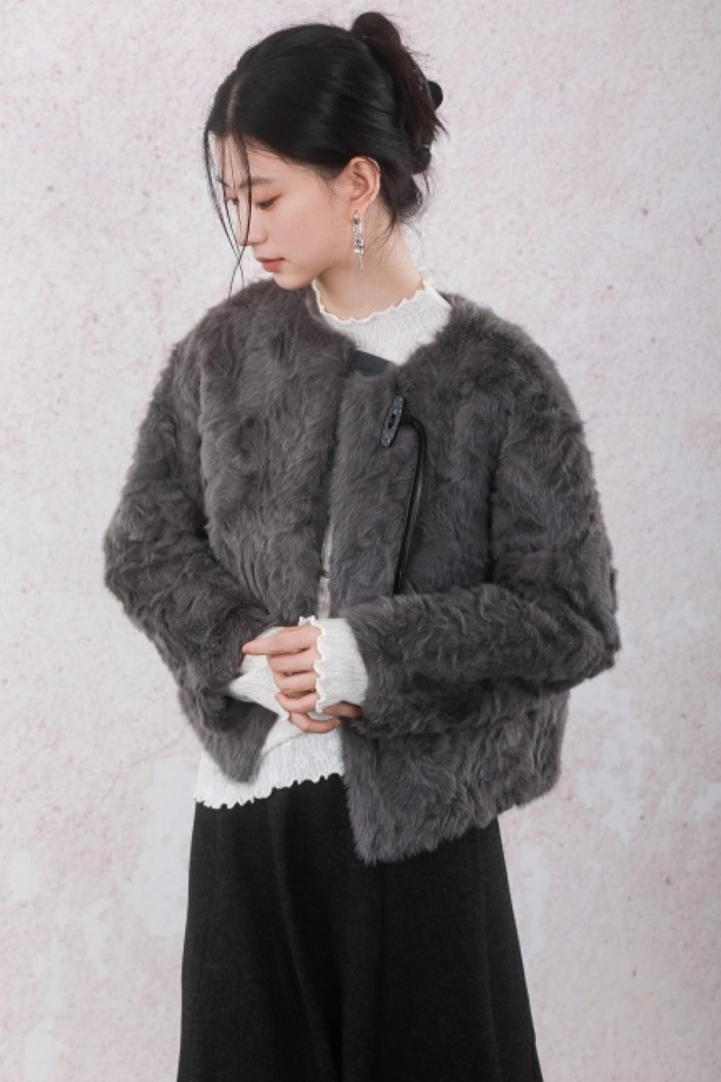 Elegant Gray-Brown Plush Jacket