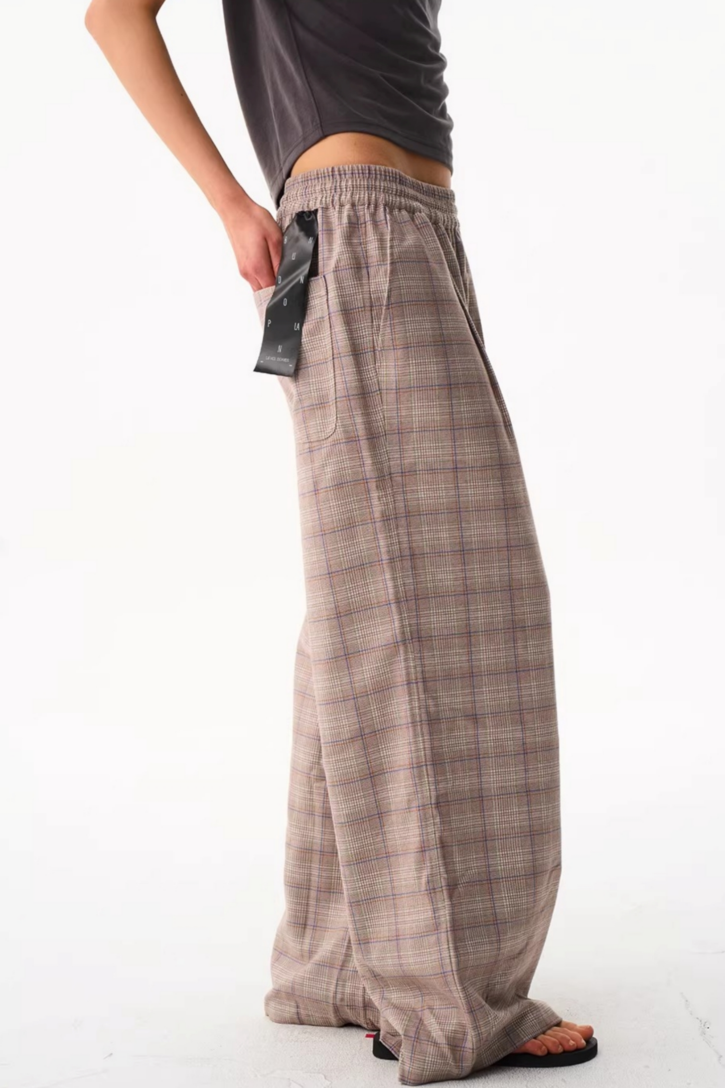 Blue Plaid Wide-Leg Pants