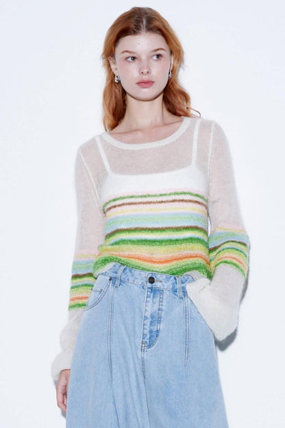 Mohair Silky Wool Rainbow Lantern Sleeve Sweater