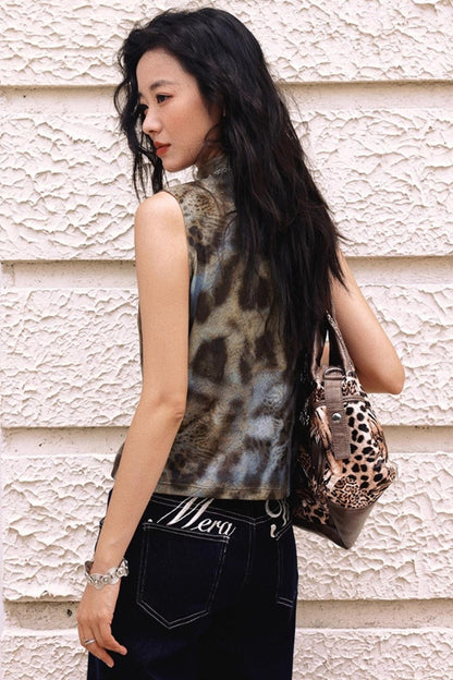 Leopard High Neck Sleeveless Top