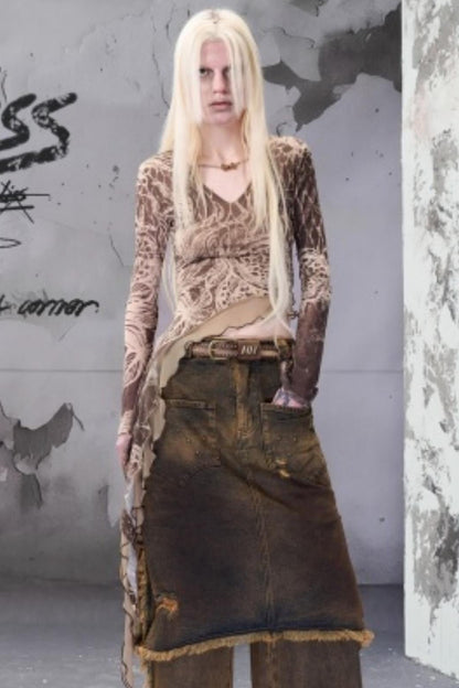 Beaded V-Neck Ruffled Skin Top