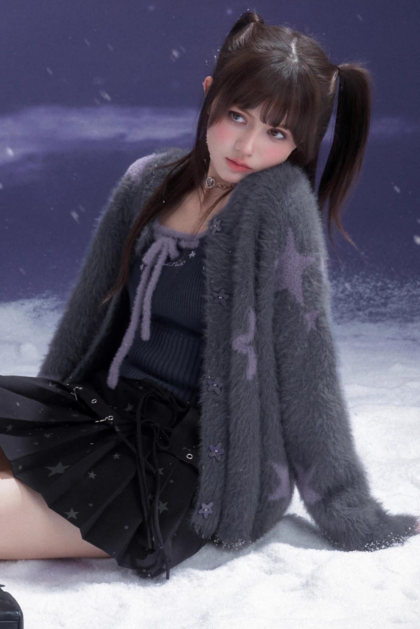 Gray Purple Star Plush Jacket Set-Up