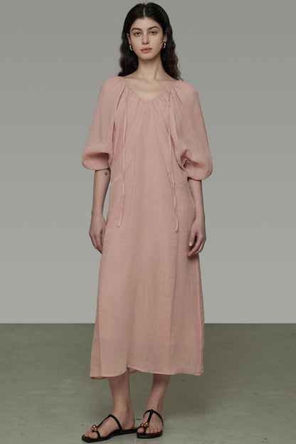 Lantern Sleeve Linen Dress