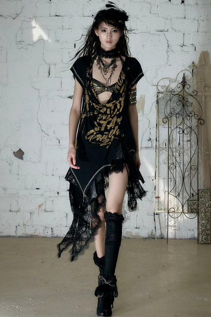 Punk Asymmetrical Neckline T-Shirt Set-Up