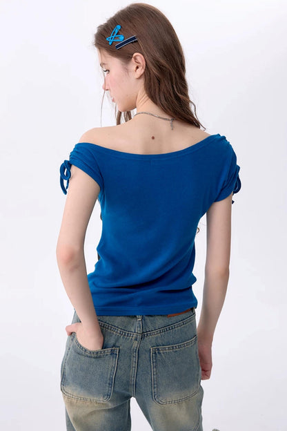Blue Cat Print Short-Sleeved T-Shirt
