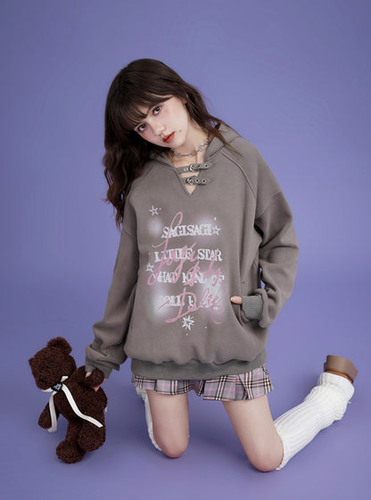 Letter print pullover hooded and suede thick coat