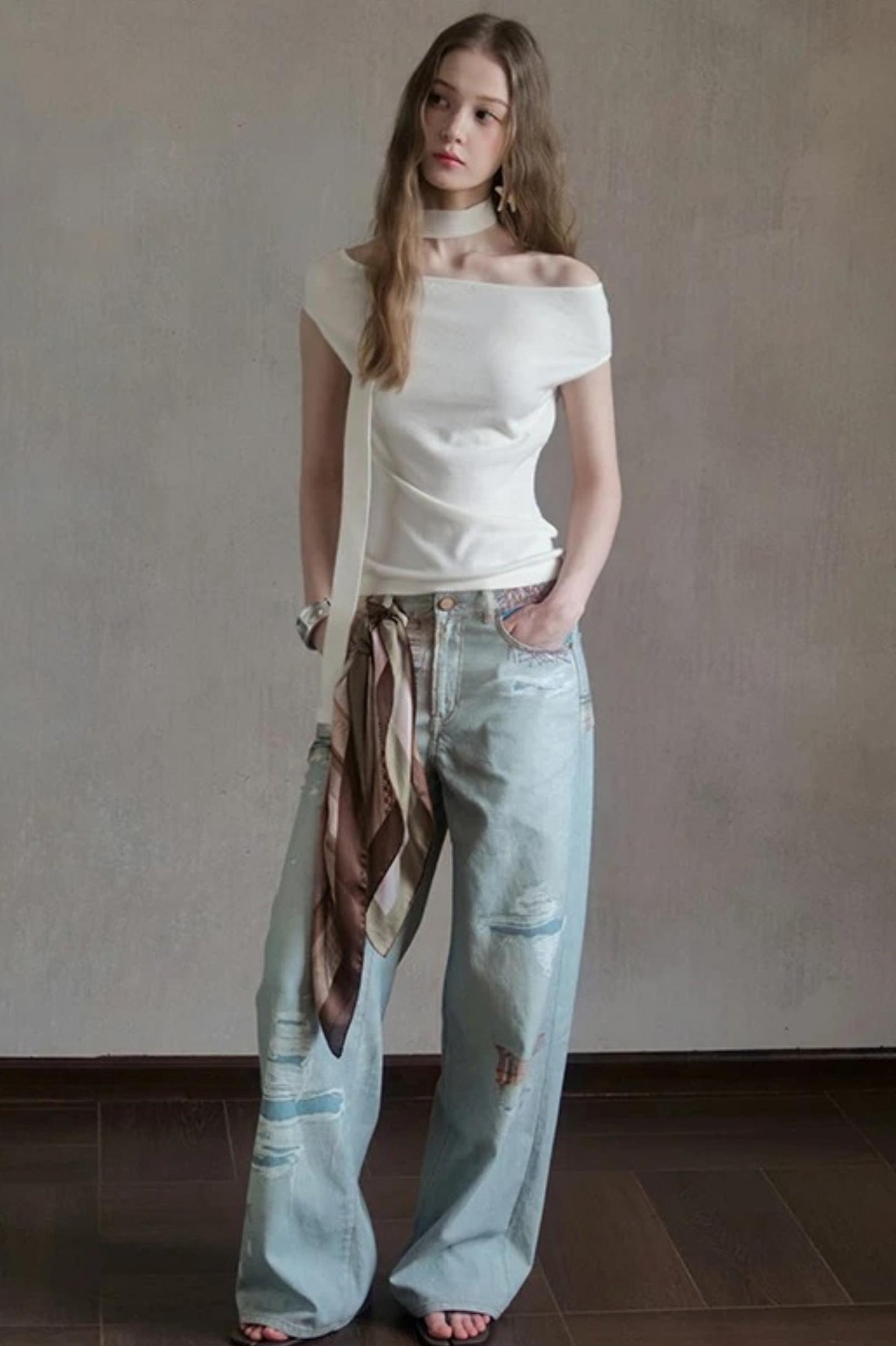 Milk White Asymmetrical Knit Top