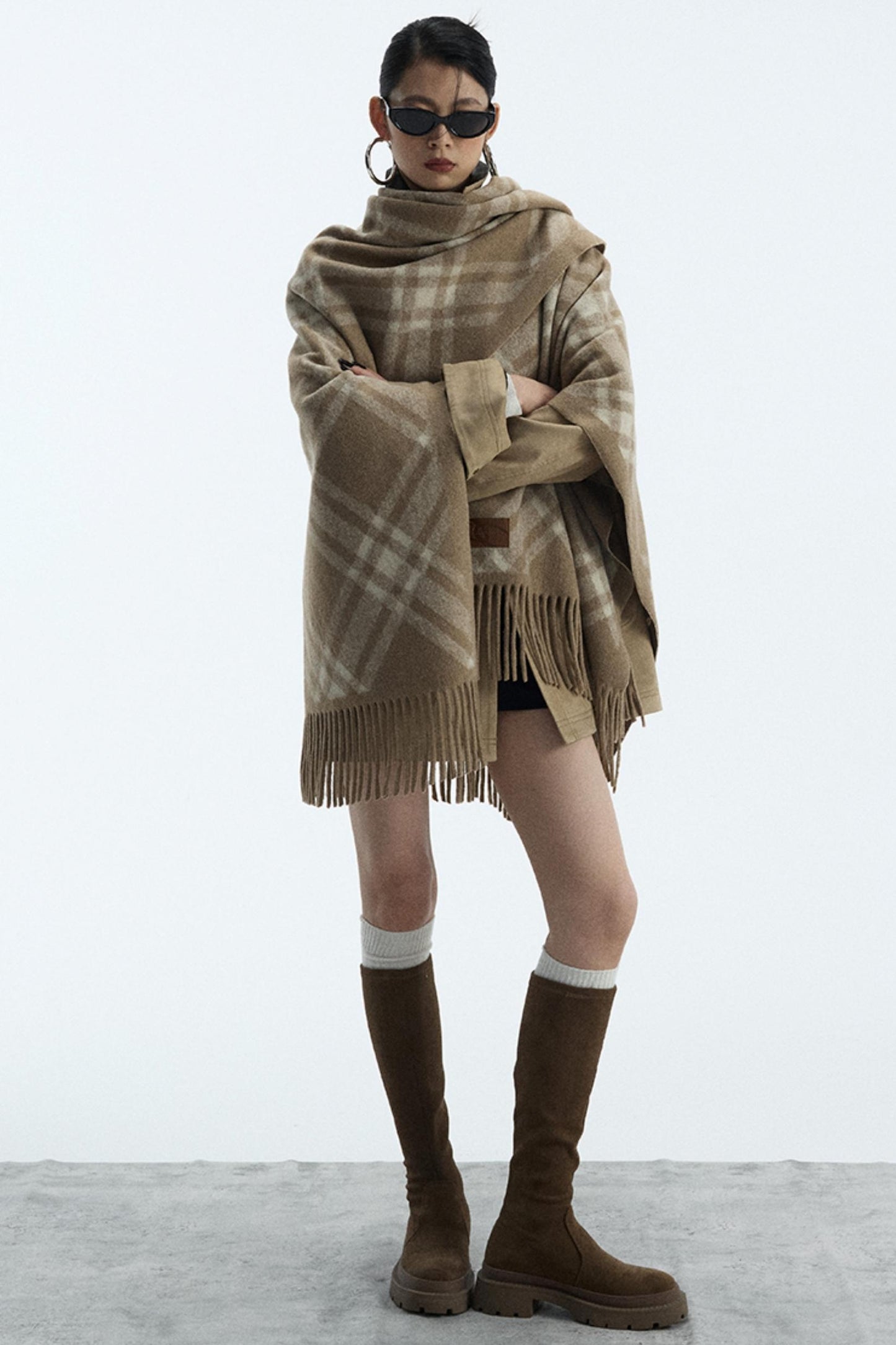 Wool Blend Plaid Cape Cardigan