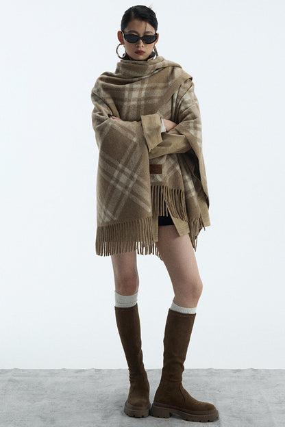 Wool Blend Plaid Cape Cardigan