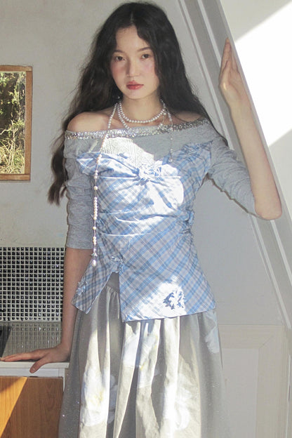 Gray Blue Plaid Knit Top