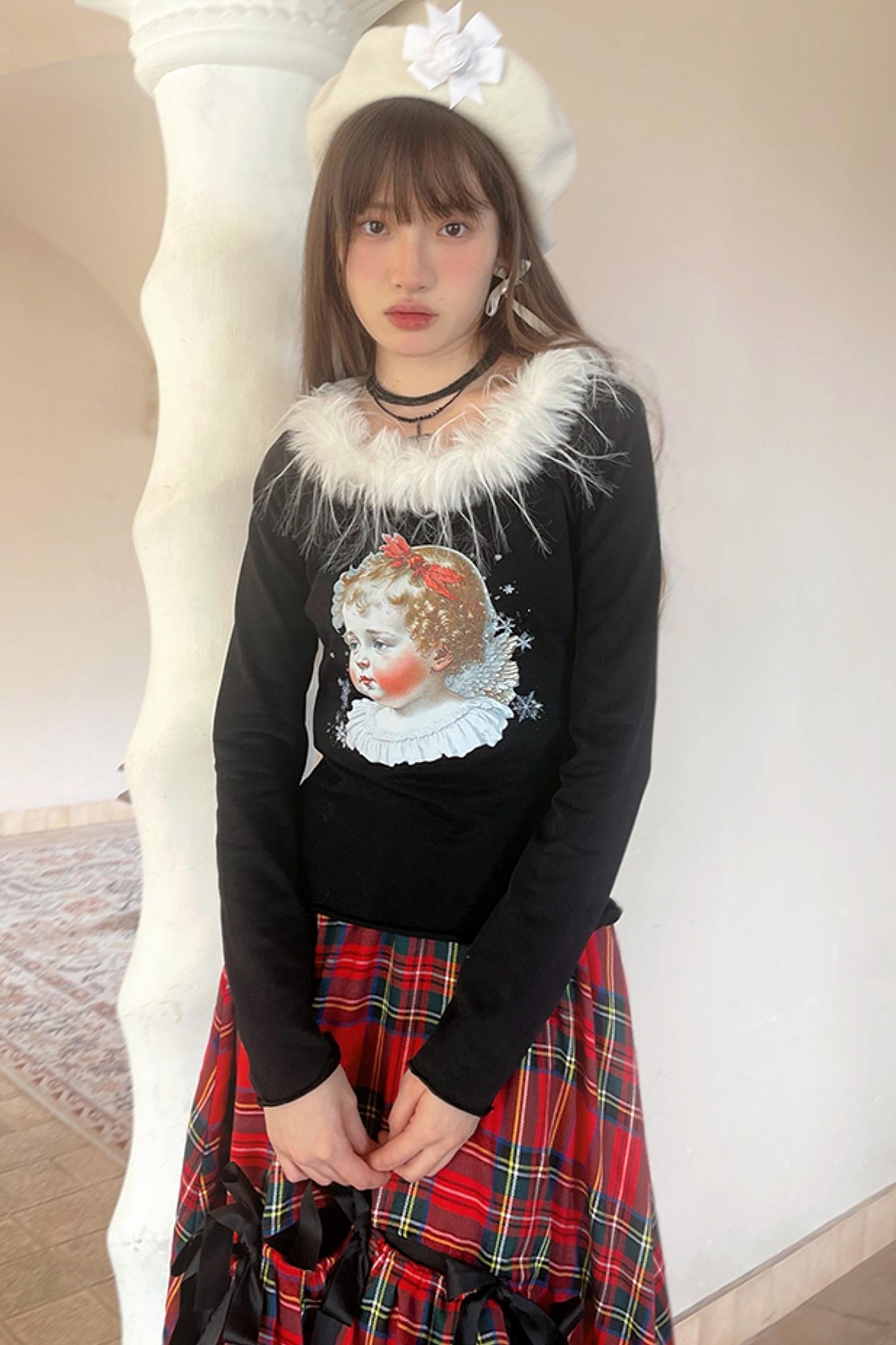 Vintage Angel Print Fur Collar Long Sleeve T-Shirt