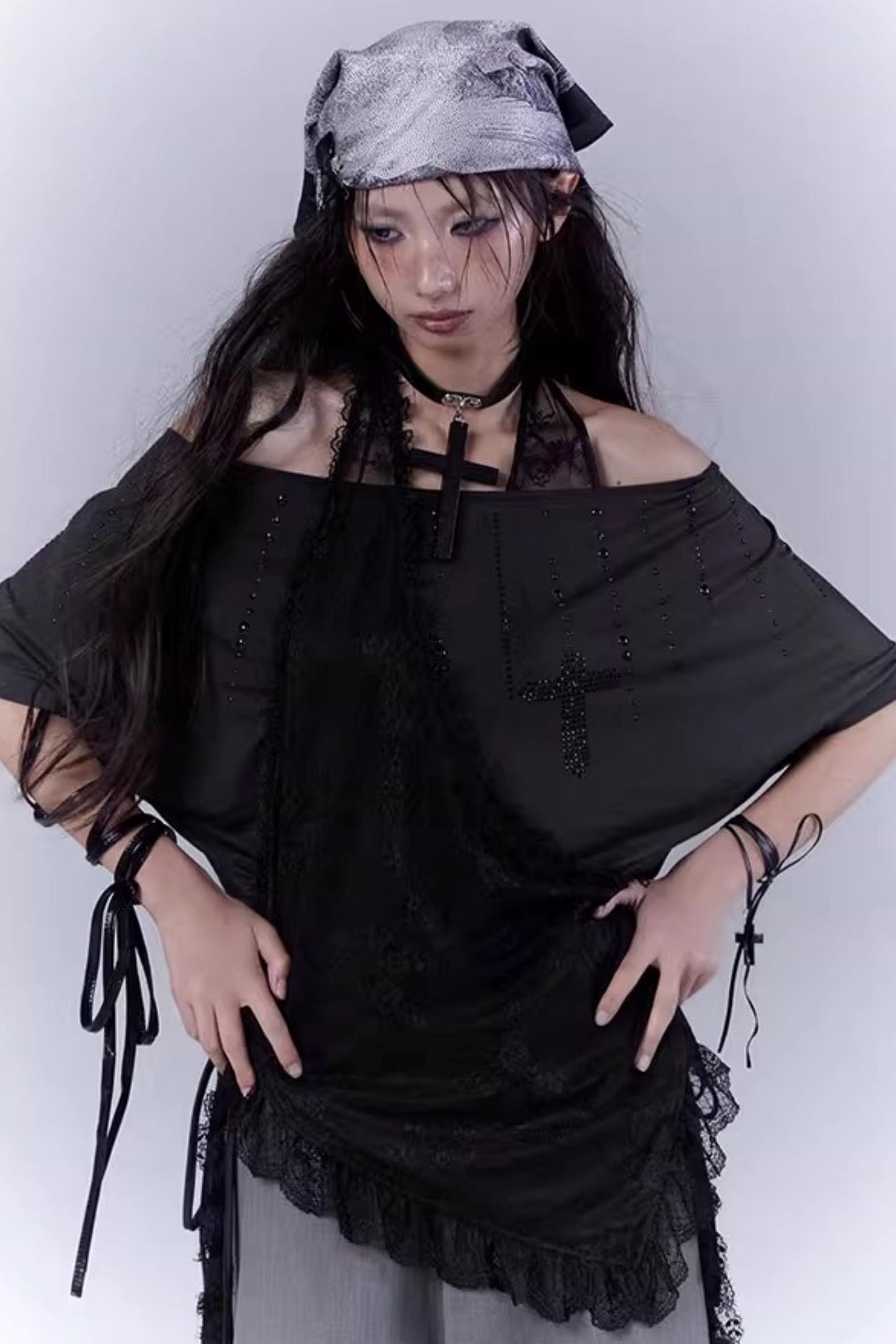 Black Lace-Trimmed Tee