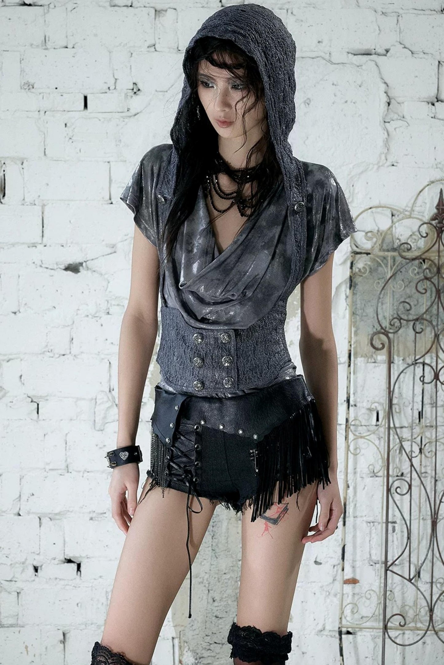 Punk Chain Leather Denim Shorts