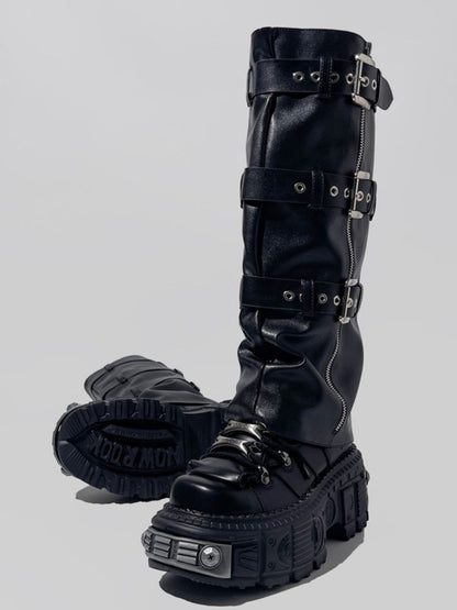 Y2K Punk Style Triple Belt Volume Sole Long Boots